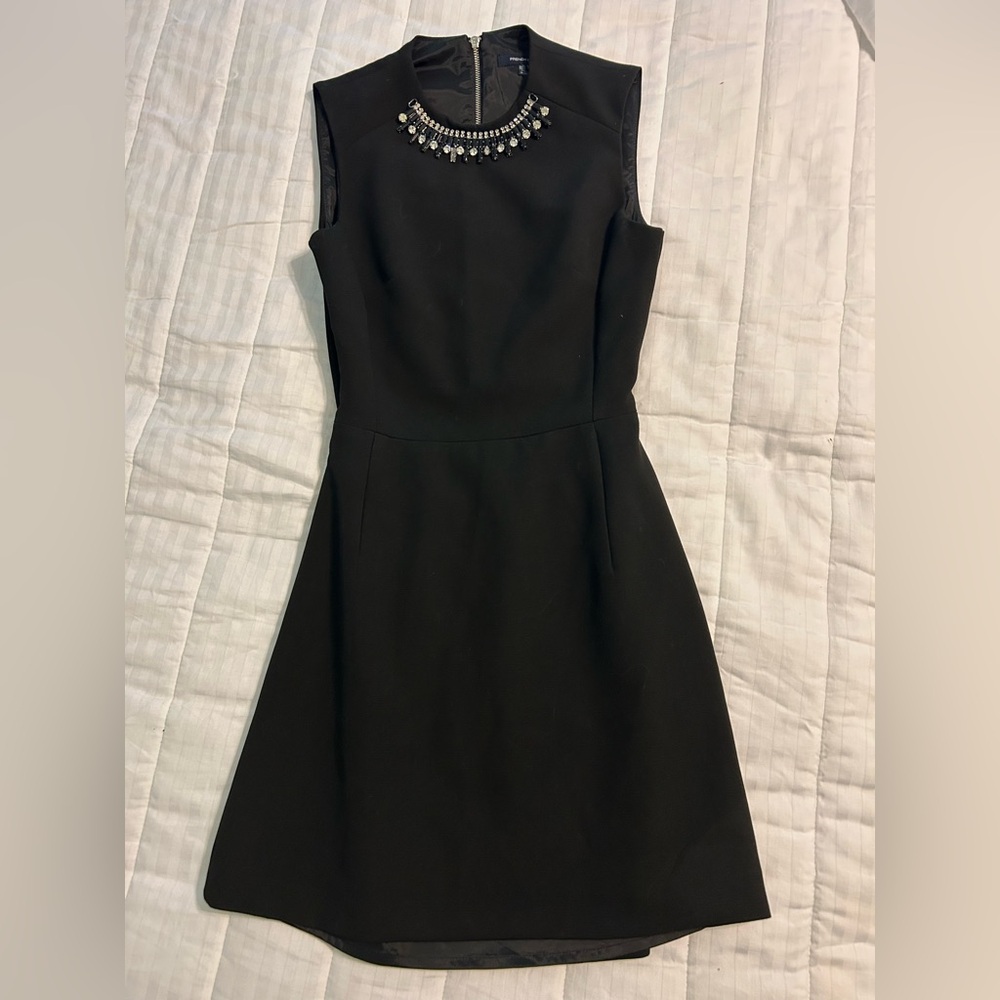 French Connection Black Mini Dress with Jewel-Embellished Neckline (NWOT)